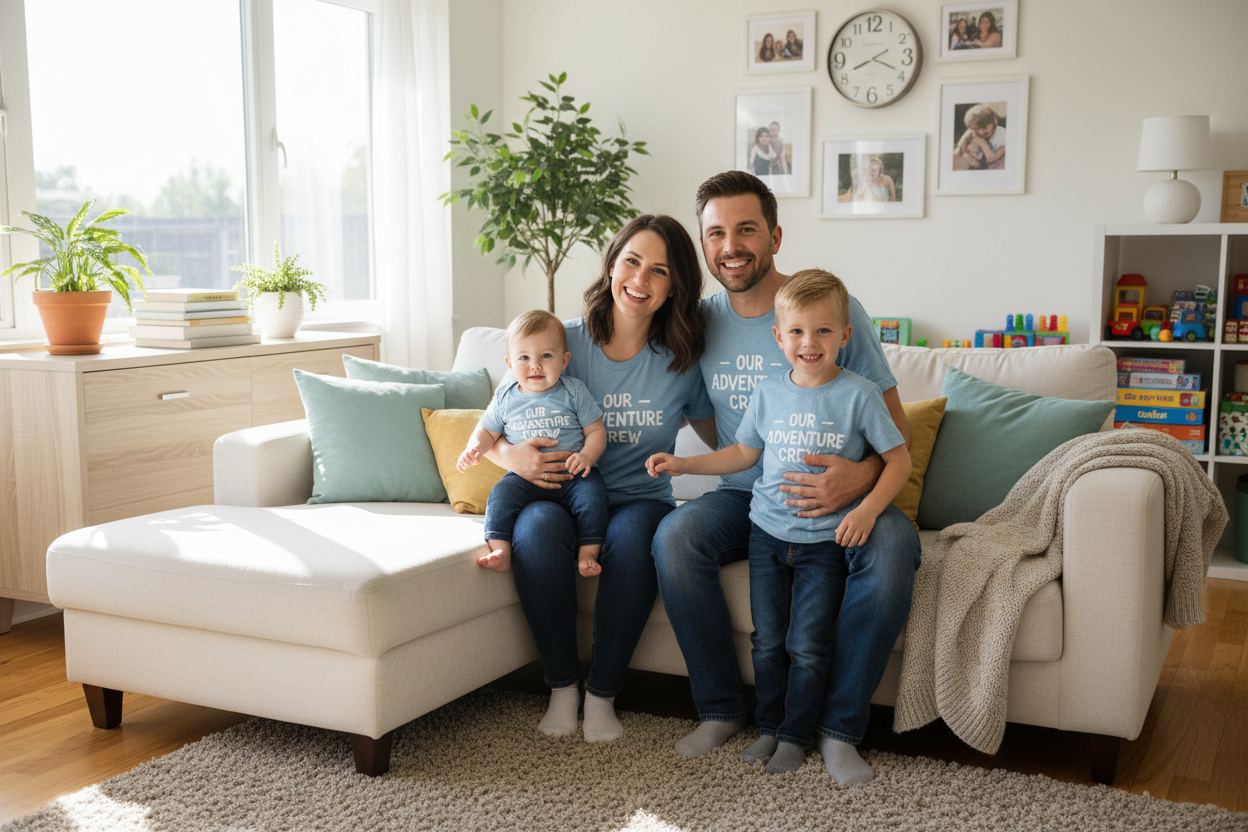 family people dad mom son and daughter wearing family tshirt and smile in living room